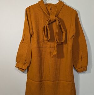 Vintage 60s 70s Wool Mod Dress Zip Front ILGWU Union Made Orange Bow Neck XS S